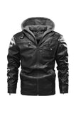 Ilooove - Men's Bomber Zipper Leather Removable Hooded  Bomber Faux Leather Jacket  Utility Motorcycle Outdoor Work Warm Winter Coat