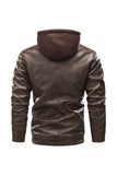 Ilooove - Men's Bomber Zipper Leather Removable Hooded  Bomber Faux Leather Jacket  Utility Motorcycle Outdoor Work Warm Winter Coat