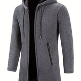 Ilooove - Warm Mid-length Hooded Fleece Coat, Men's Comfortable Solid Color Zip Up Knitted Cardigan For Spring Fall