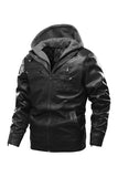 Ilooove - Men's Bomber Zipper Leather Removable Hooded  Bomber Faux Leather Jacket  Utility Motorcycle Outdoor Work Warm Winter Coat