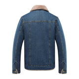 Ilooove - Cowboy Denim Thick Jacket Sherpa Lined Turn down Collar Coat for Men