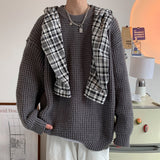 Waffle Round Neck Sweater Oversized Solid Color Fashion Harajuku Men's Jumpers Autumn Casual Knitted Pullovers