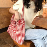 Fashion Women&#39;s Canvas Tote Shoulder Large Shopping Bag Plaid Eco Large Capacity Ladies Purse Pouch Girls Student Book Handbags