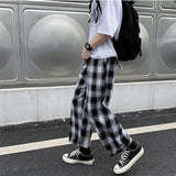 Ilooove Men Casual Pants Plaid Ankle Length Loose Wide Leg All-match Elastic Waist Fashion Trousers Streetwear Harajuku Korean Retro Ins