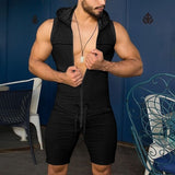 Summer Men´s One Piece Tight Fitness Jumpsuit Zipper Sleeveless Hooded Rompers with Pockets Male Fashion Rompers