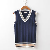 Mens Fashion Winter Thick V-Neck Sleeveless Vest Sleeveless Sweater Cotton School Uniform Cotton Loose Knitting Vest Sweater