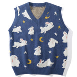 Streetwear Harajuku Knitted Vest Moon Rabbit Sleeveless Pullover Loose Casual Sweater Vest Tank Tops Men Women Spring