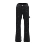 Urban Streetwear Flare Pants Black Wide Leg Jeans Hip Hop Splashed Ink Trousers Men Patchwork Slim Fit Denim Pants for Men