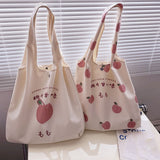 Cute Strawberry Tote Bag Aesthetic for School Girls Purses Shopper Designer Handbag Japanese Women Peach Print Eco Shoulder Bags