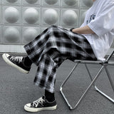 Ilooove Men Casual Pants Plaid Ankle Length Loose Wide Leg All-match Elastic Waist Fashion Trousers Streetwear Harajuku Korean Retro Ins