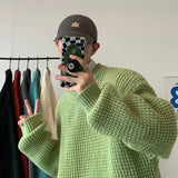 Waffle Round Neck Sweater Oversized Solid Color Fashion Harajuku Men's Jumpers Autumn Casual Knitted Pullovers