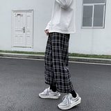 Ilooove Men Casual Pants Plaid Ankle Length Loose Wide Leg All-match Elastic Waist Fashion Trousers Streetwear Harajuku Korean Retro Ins