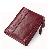 Fashion Genuine Leather Women Wallet Bi-fold Wallets Red ID Card Holder Coin Purse With Double Zipper Small Women's Purse