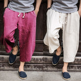 2023 Man Cotton Linen Wild Leg Pants Casual Loose Calf-Length Pants Man Bloomers Summer Baggy Male Traditional Pants Trousers