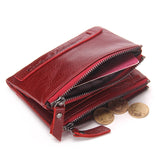 Fashion Genuine Leather Women Wallet Bi-fold Wallets Red ID Card Holder Coin Purse With Double Zipper Small Women's Purse