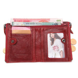 Fashion Genuine Leather Women Wallet Bi-fold Wallets Red ID Card Holder Coin Purse With Double Zipper Small Women's Purse