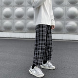 Casual Pants Men Straight Harajuku Streetwear Korean Style Plaid Ankle-length Elastic Waist Students Trousers All-match Retro