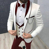 Slim Fit Casual Men Suits 3 Piece Groom Tuxedo for Wedding Prom Burgundy and White Male Fashion Costume Jacket Waistcoat Pants