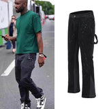 Urban Streetwear Flare Pants Black Wide Leg Jeans Hip Hop Splashed Ink Trousers Men Patchwork Slim Fit Denim Pants for Men