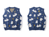 Streetwear Harajuku Knitted Vest Moon Rabbit Sleeveless Pullover Loose Casual Sweater Vest Tank Tops Men Women Spring