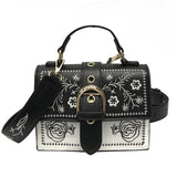 Fashion Women Bag Young Girl Small Square Pack Shoulder Bag Vintage Flower Girls Bags Black PU Leather Women Messenger Bags