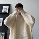 Waffle Round Neck Sweater Oversized Solid Color Fashion Harajuku Men's Jumpers Autumn Casual Knitted Pullovers