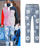 Harajuku Color Block Flower Full Print Kanye Jeans Pants Oversized Streetwear Retro Straight Casual Men and Women Denim Trousers