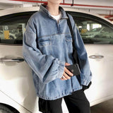 Ilooove Washed Cargo denim shirt men's Hong Kong style stand-up collar jacket Korean spring autumn trend Techwear tops punk streetwear