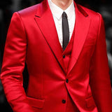 Slim Fit Red Men Suits for Prom Singer Stage 3 Piece Satin Wedding Groom Tuxedo Male Fashion Jacket Waistcoat with Pants 2023