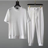 2023 Summer Fashion Trend Men Two-Piece Set Short Sleeved T-Shirt Long Pants Suit Korean Quick Drying Ice Silk Sportswear