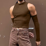 Men T Shirt Solid Color Turtleneck Long Sleeve Off Shoulder Casual Camisetas 2023 Hollow Out Streetwear Sexy Crop Tops