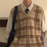 Spring Autumn Fashion Solid Plaid Casual Pullover Tess Vest Men Loose Knitted Top Sweater Gentle Students College Style