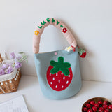 Cute Canvas Bucket Bag for Women 2023 Girls Summer Embroidery Strawberry Handbag Lady Fashion Letter Top Handle Bag with Pendant