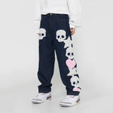 Vintage Pocket Skull Embroidery Straight Cargo Pants Men And Women  Jeans Trousers 2023 Harajuku Streetwear Denim Pants