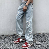 Men's Patchwork Retro Vintage Heart High Waist Street Blue Y2K Jeans Straight Trousers Denim Pants Man Streetwear Wide Leg Jeans