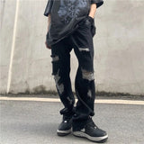 Men's Y2K Clothes High Street Streetwear Letters Embroidery Casual Baggy Jeans Men Straight Ripped Trousers Denim Wide Leg Pants