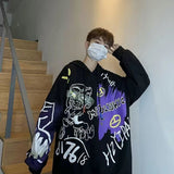 Autumn and winter Korean style trend plus fleece hooded sweater men graffiti hip-hop all-match loose printed coat couple sweater