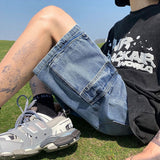 Ilooove Men's 5XL Summer Wide Leg Denim Shorts New Fashion Loose Elastic Waist Large Pocket Baggy Jeans Shorts Men Korean Brand Clothing