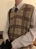 Spring Autumn Fashion Solid Plaid Casual Pullover Tess Vest Men Loose Knitted Top Sweater Gentle Students College Style