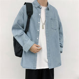 Mens Denim Shirt Fashion Harajuku Long Sleeve Tops Spring Autumn Vintage Baggy Jacket Trend Streetwear Oversized Male Clothing