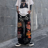 2023 American Style High Street Graffiti Retro Men&#39;s Jeans Y2K Straight Trousers Women&#39;s Loose Harajuku Street Wide-leg Pants