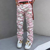 Streetwear Camouflage Patchwork Casual Straight Jeans Cargos for Men Y2K Harajuku Pockets Ankle Zipper Baggy Denim Trousers