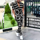 Ilooove Spring Summer Men's Casual Two Piece Sets Short Sleeve Tops And Long Pants Suit Fashion Pattern Print Outfit Men Streetwear