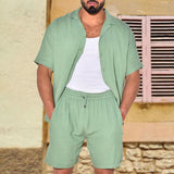 Spring Summer Men Suit Simple Short-sleeve Shirts And Shorts Solid Two-piece Set Oversized Loose Linen Clothing Men's Outfits