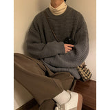 Men's Waffle Sweaters Round Neck Solid Color Korean Style Male Knitted Pullovers Loose Casual Winter Knitwear