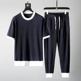 2023 Summer Fashion Trend Men Two-Piece Set Short Sleeved T-Shirt Long Pants Suit Korean Quick Drying Ice Silk Sportswear