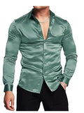 Men's luxurious shiny silk satin dress shirt Long sleeved casual slim muscle button-down shirt Plus size S-3XL