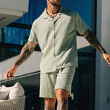 Spring Summe New Men Suit Solid Tracksuit Casual Short-sleeved Shirt And Shorts Two Piece Set For Men Outfit Loose Clothing