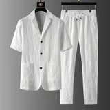 Men Blazers Two piece Sets Spring Summer Pleated Solid Shorts Sleeve Shirts Drawstring Pants Suits Thin Casual Outfits Clothing