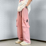 Fashion Pink Cargo Tracksuit Pants Elastic Waist Oversize Men Y2K Side Big Pocket Straight Casual Women Baggy Long Trousers